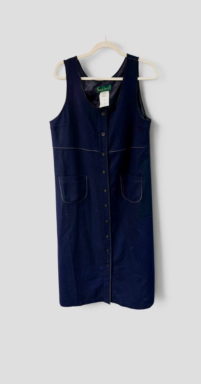 Vintage Harvé Benard 100% Wool Navy Blue Button Front Jumper Dress 12 Academia